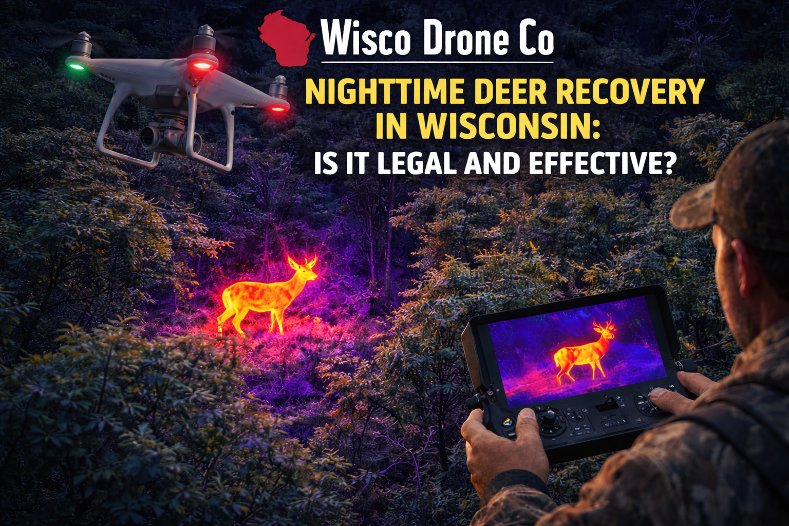 Thermal imaging drone locating a lost deer during nighttime recovery in a wooded Wisconsin area