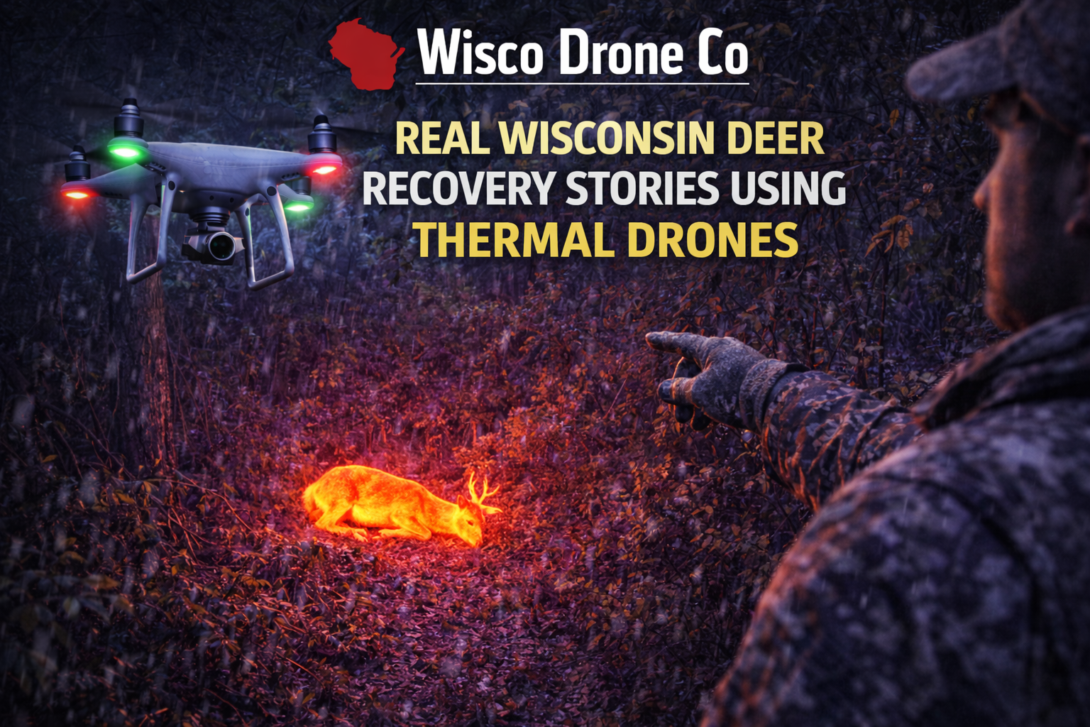 Thermal imaging drone locating a lost whitetail deer during recovery in a wooded Wisconsin area