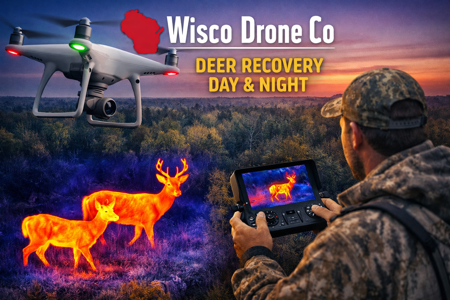 Drone with thermal camera used for deer recovery in Campbellsport, Wisconsin, detecting a whitetail deer after the shot