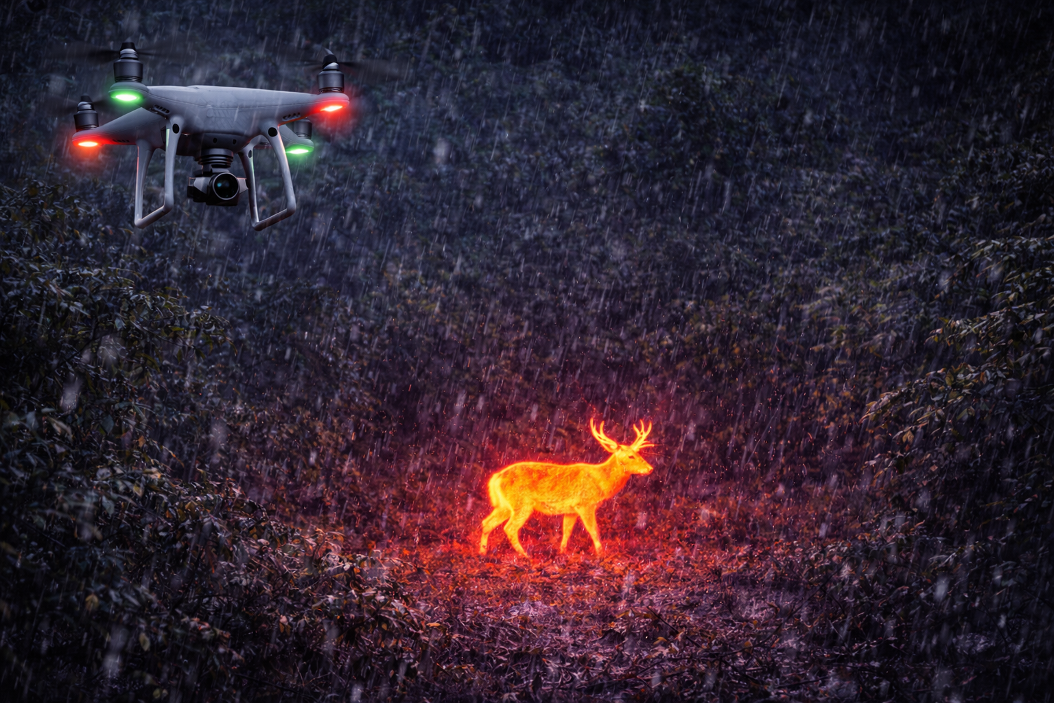 Drone with thermal imaging camera detecting a deer in the dark