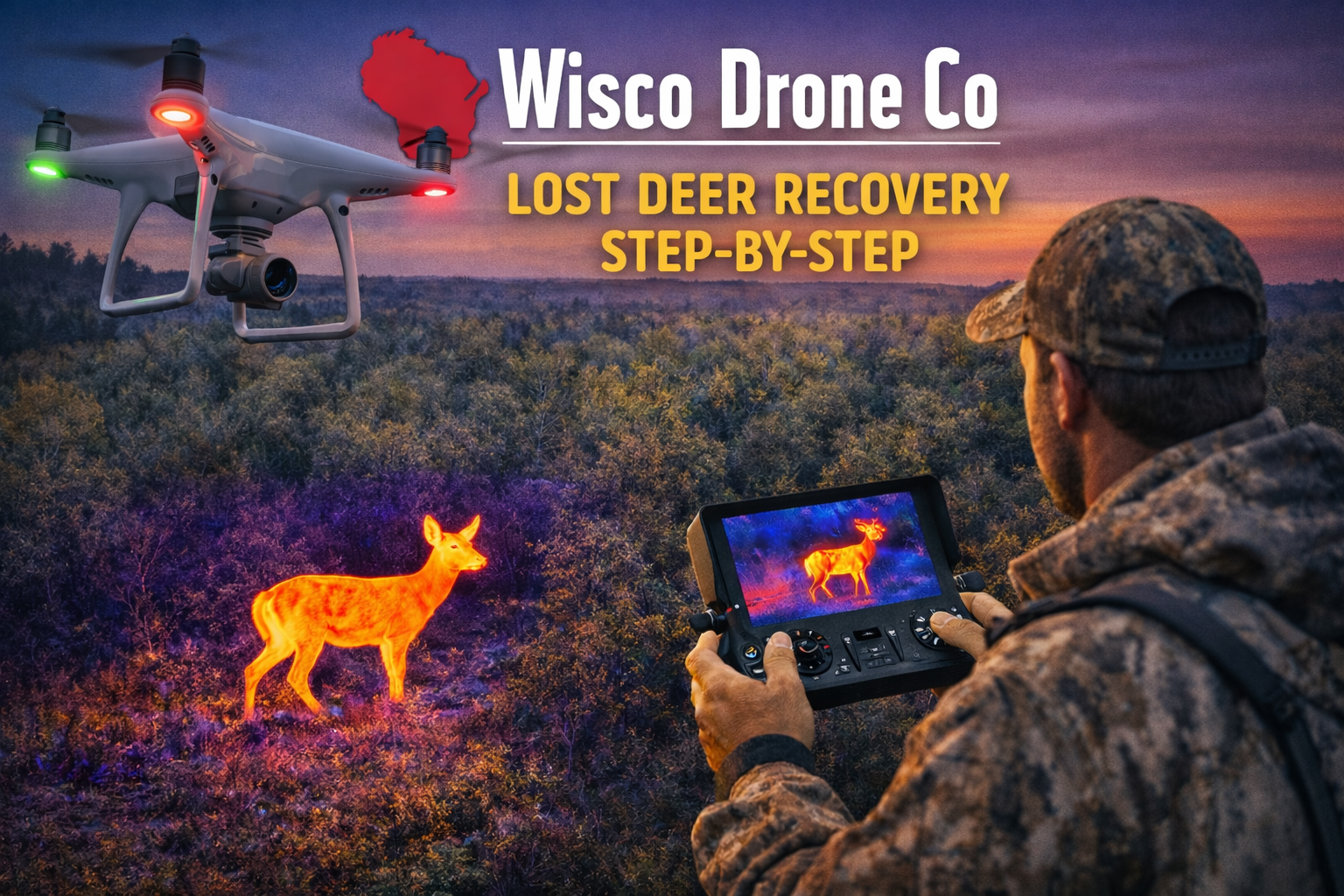 Person using a drone and thermal imaging device to locate a deer in a field, with 'Wisco Drone Co' branding.