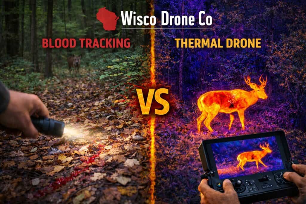 Comparison of traditional blood tracking versus thermal drone technology for deer recovery, showing improved visibility and faster recovery using drones.