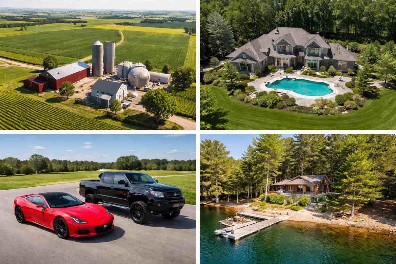 Aerial drone photo collage showing a Wisconsin farm and fields, a large home with a pool, a red sports car with a black truck, and a lakeside cabin with dock.